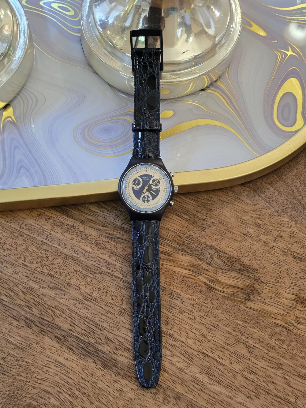 Swatch Swiss Black and Cream Chronograph Watch